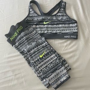 Nike Pro Dri Fit Grey White Black Pattern Sports Bra and Leggings Matching Set